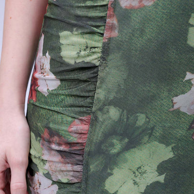 Women's Green Fitted Floral Gathered Dress