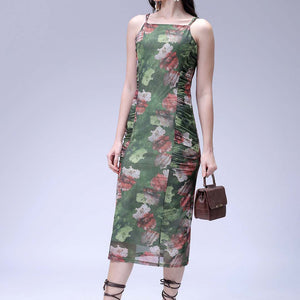 Women's Green Fitted Floral Gathered Dress