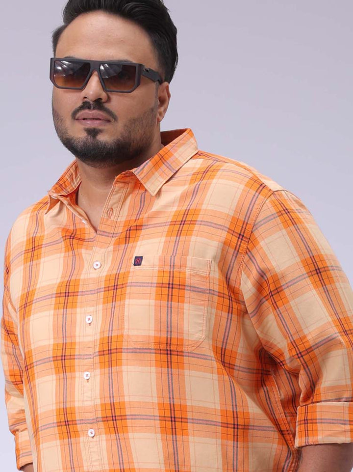 Men's Plus Size Orange Regular Fit Checked Casual Shirt