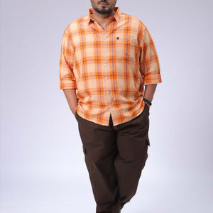 Men's Plus Size Orange Regular Fit Checked Casual Shirt