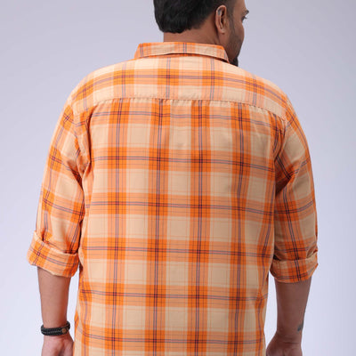 Men's Plus Size Orange Regular Fit Checked Casual Shirt