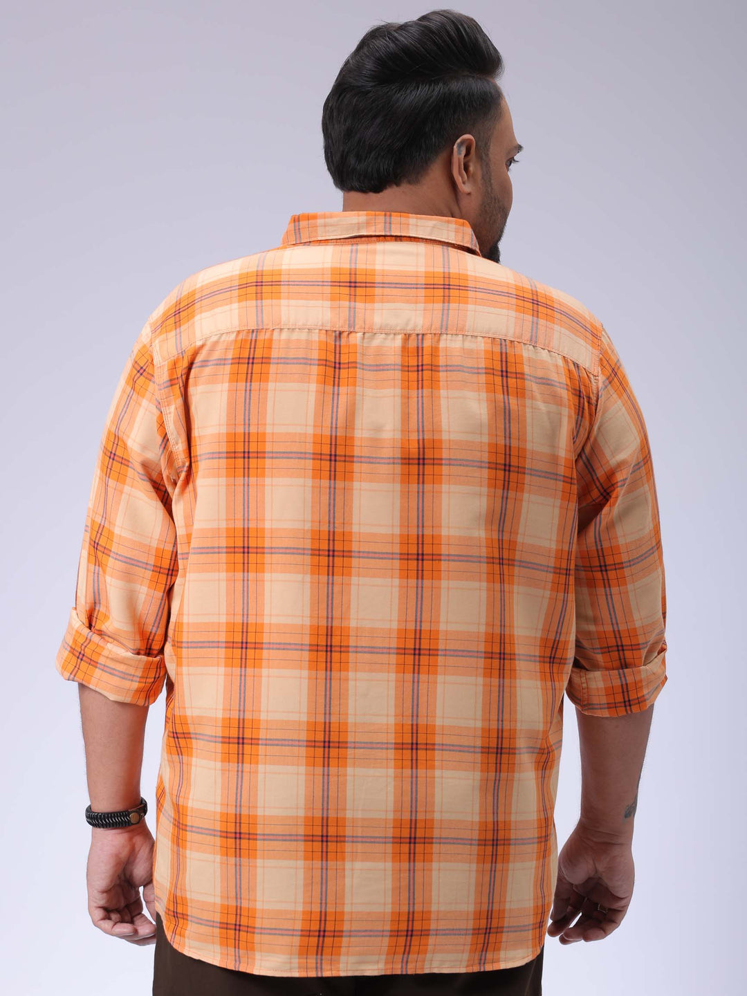 Men's Plus Size Orange Regular Fit Checked Casual Shirt