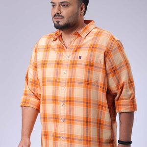 Men's Plus Size Orange Regular Fit Checked Casual Shirt