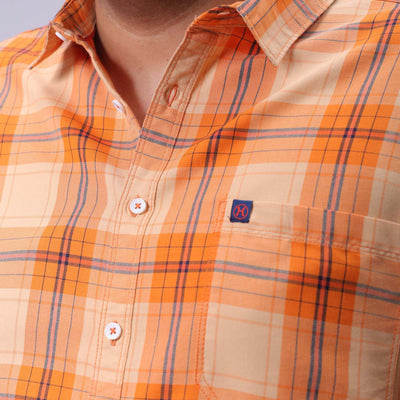 Men's Plus Size Orange Regular Fit Checked Casual Shirt