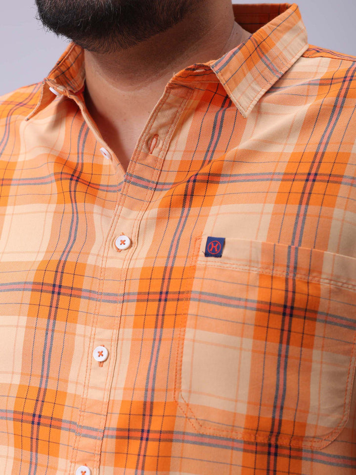 Men's Plus Size Orange Regular Fit Checked Casual Shirt