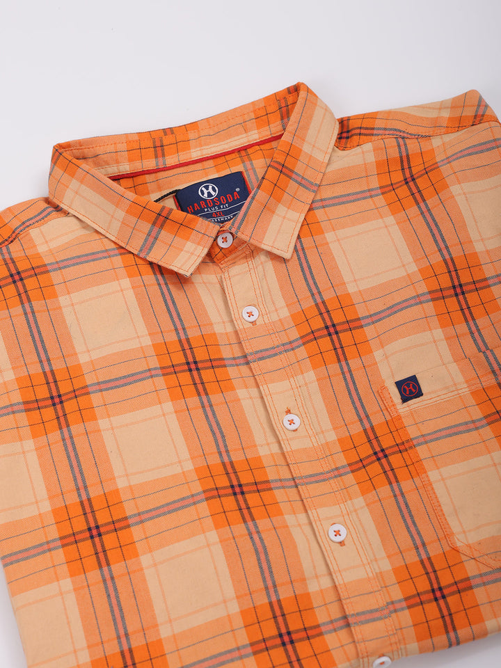 Men's Plus Size Orange Regular Fit Checked Casual Shirt