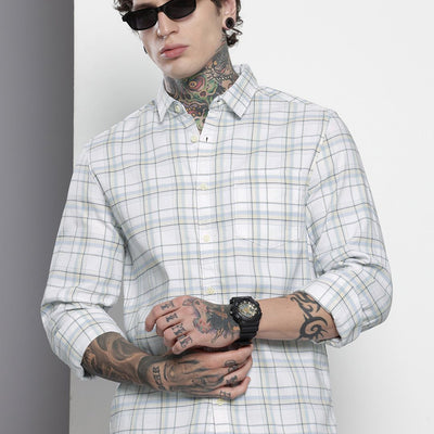 Men's White Slim Fit Checked Casual Shirt
