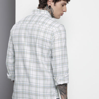 Men's White Slim Fit Checked Casual Shirt