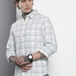 Men's White Slim Fit Checked Casual Shirt