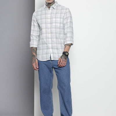 Men's White Slim Fit Checked Casual Shirt