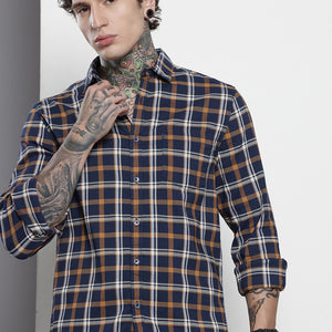Men's Navy Blue Slim Fit Checked Casual Shirt