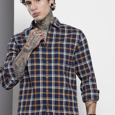 Men's Navy Blue Slim Fit Checked Casual Shirt