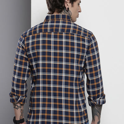 Men's Navy Blue Slim Fit Checked Casual Shirt