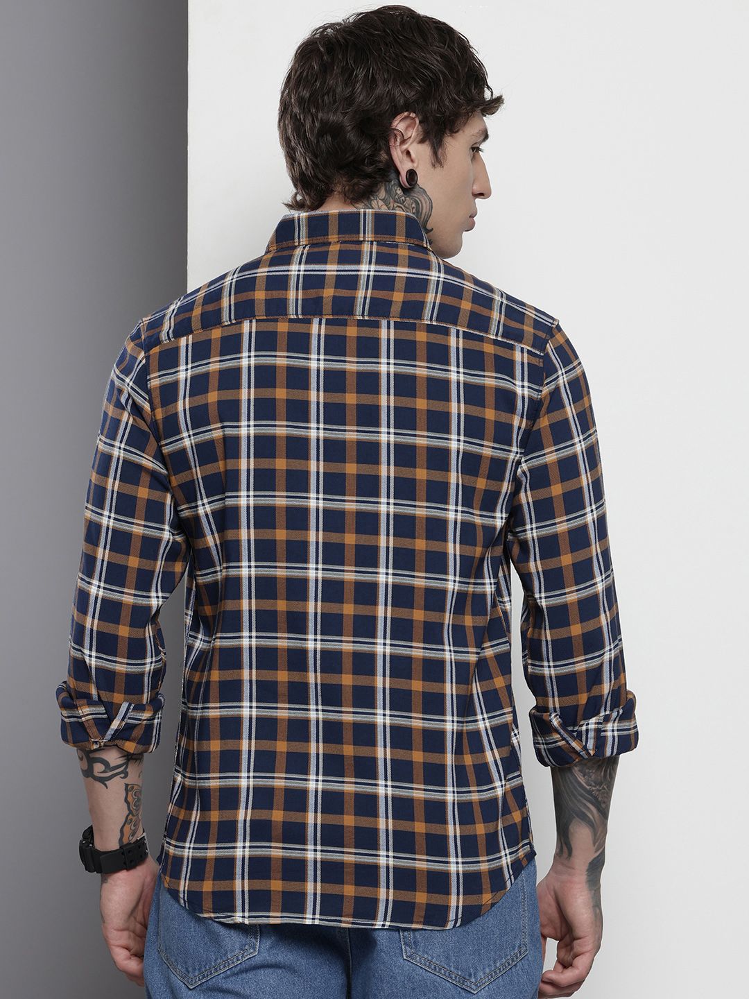 Men's Navy Blue Slim Fit Checked Casual Shirt