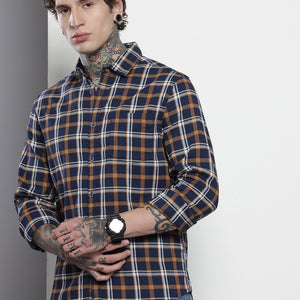Men's Navy Blue Slim Fit Checked Casual Shirt