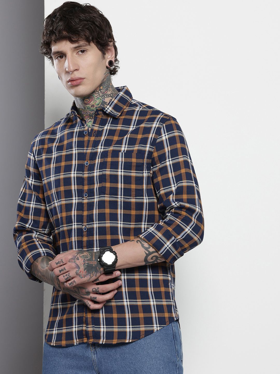 Men's Navy Blue Slim Fit Checked Casual Shirt