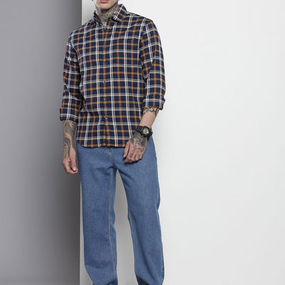 Men's Navy Blue Slim Fit Checked Casual Shirt