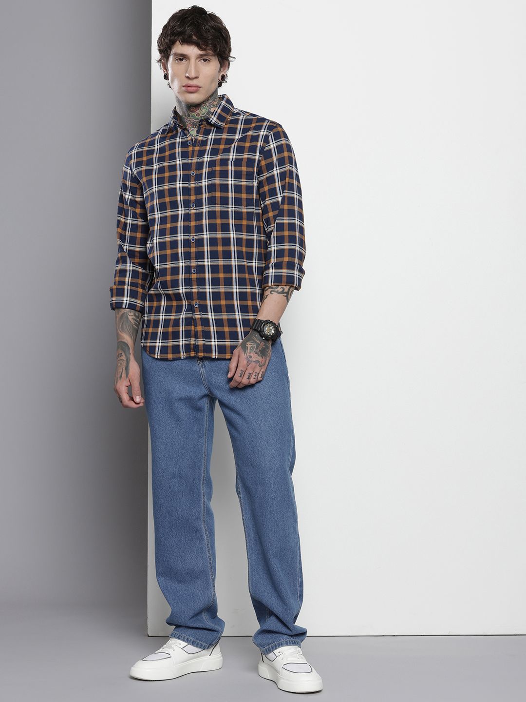 Men's Navy Blue Slim Fit Checked Casual Shirt