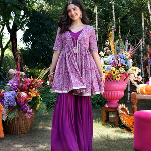 Geometric Purple Elegance Printed Satin Sharara Set