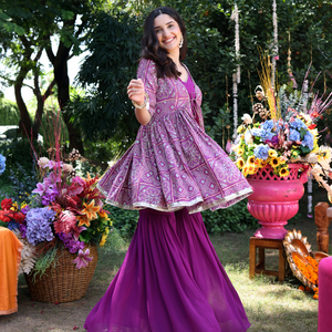 Geometric Purple Elegance Printed Satin Sharara Set