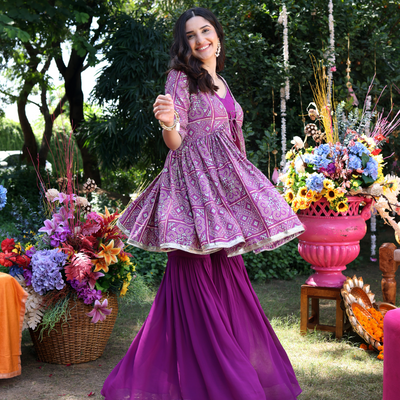 Geometric Purple Elegance Printed Satin Sharara Set