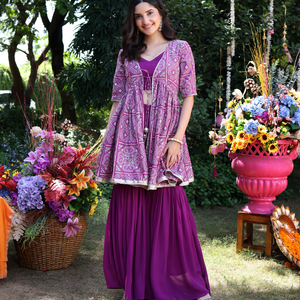 Geometric Purple Elegance Printed Satin Sharara Set