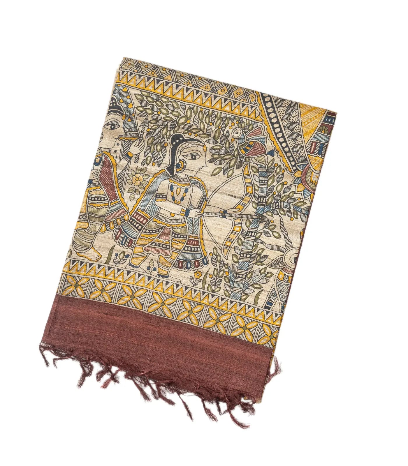Brown Handloom Tussar Silk Saree With Printed Lord Ram Motifs