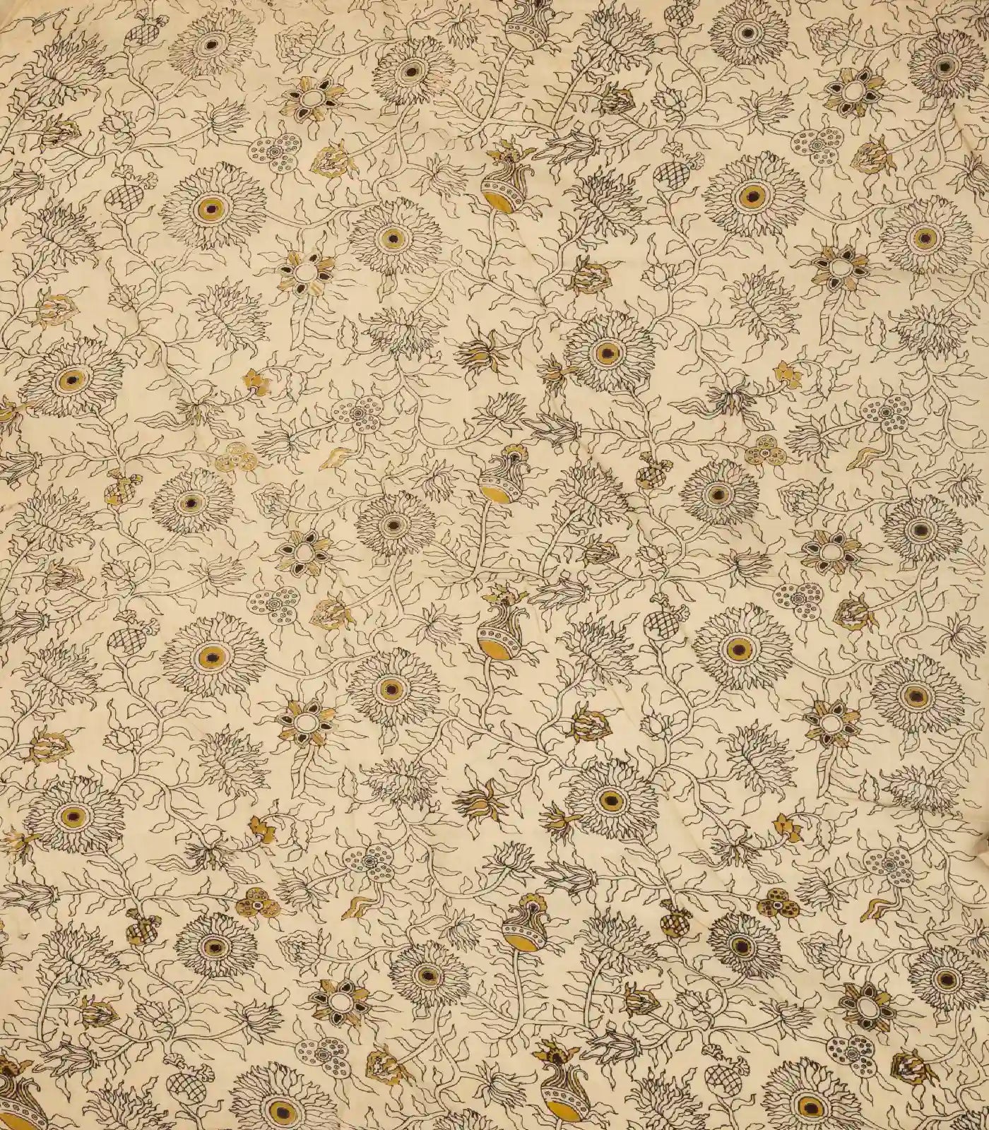 Taupe Cotton Saree With Mustard Kalamkari Print