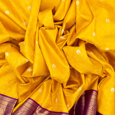 Yellow Handloom Kanchipuram Korvai Silk Saree With Floral Motifs & Contrast Magenta Border
