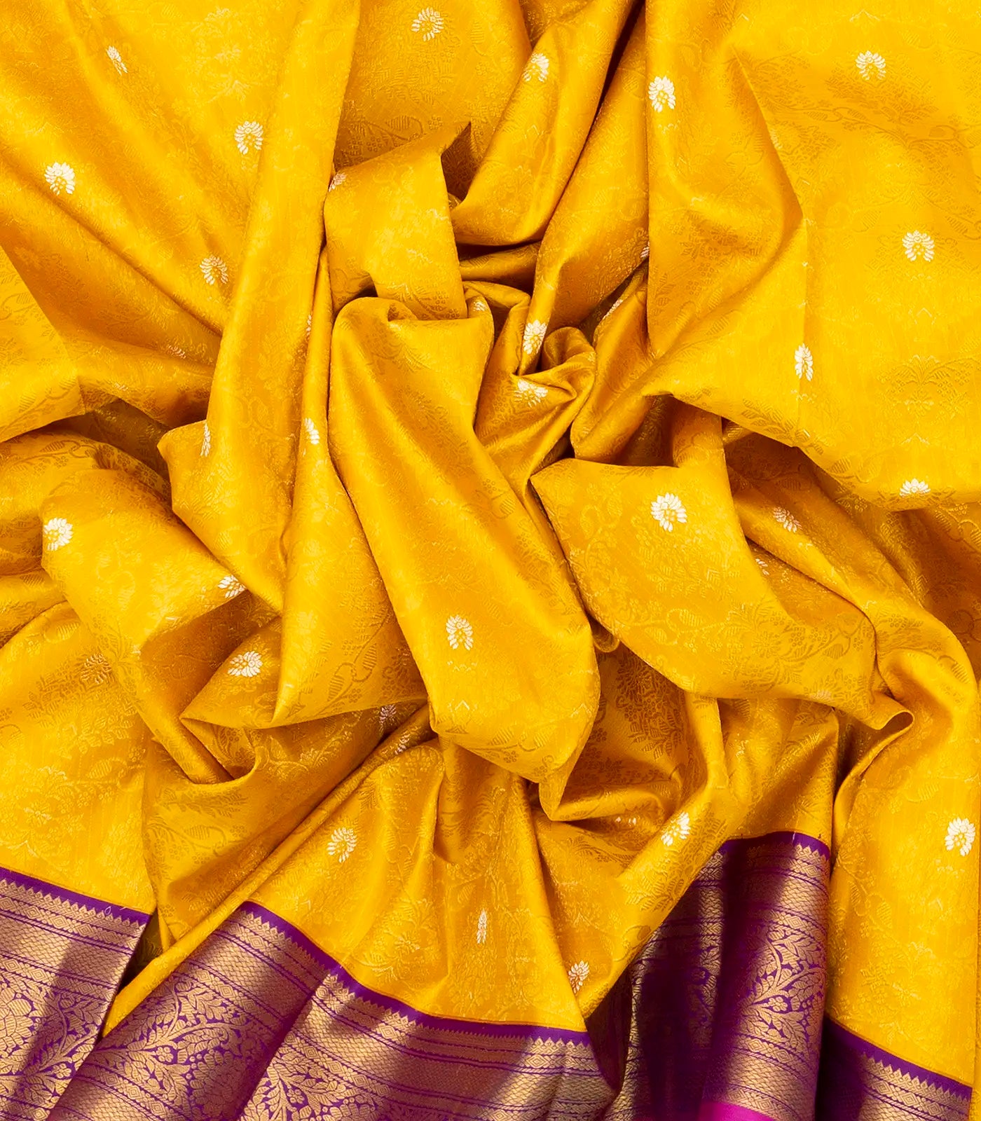 Yellow Handloom Kanchipuram Korvai Silk Saree With Floral Motifs & Contrast Magenta Border