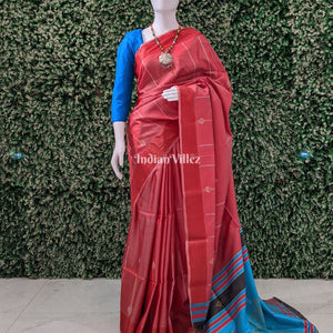 Peach with Sky Blue Handwoven Soft Silk Saree