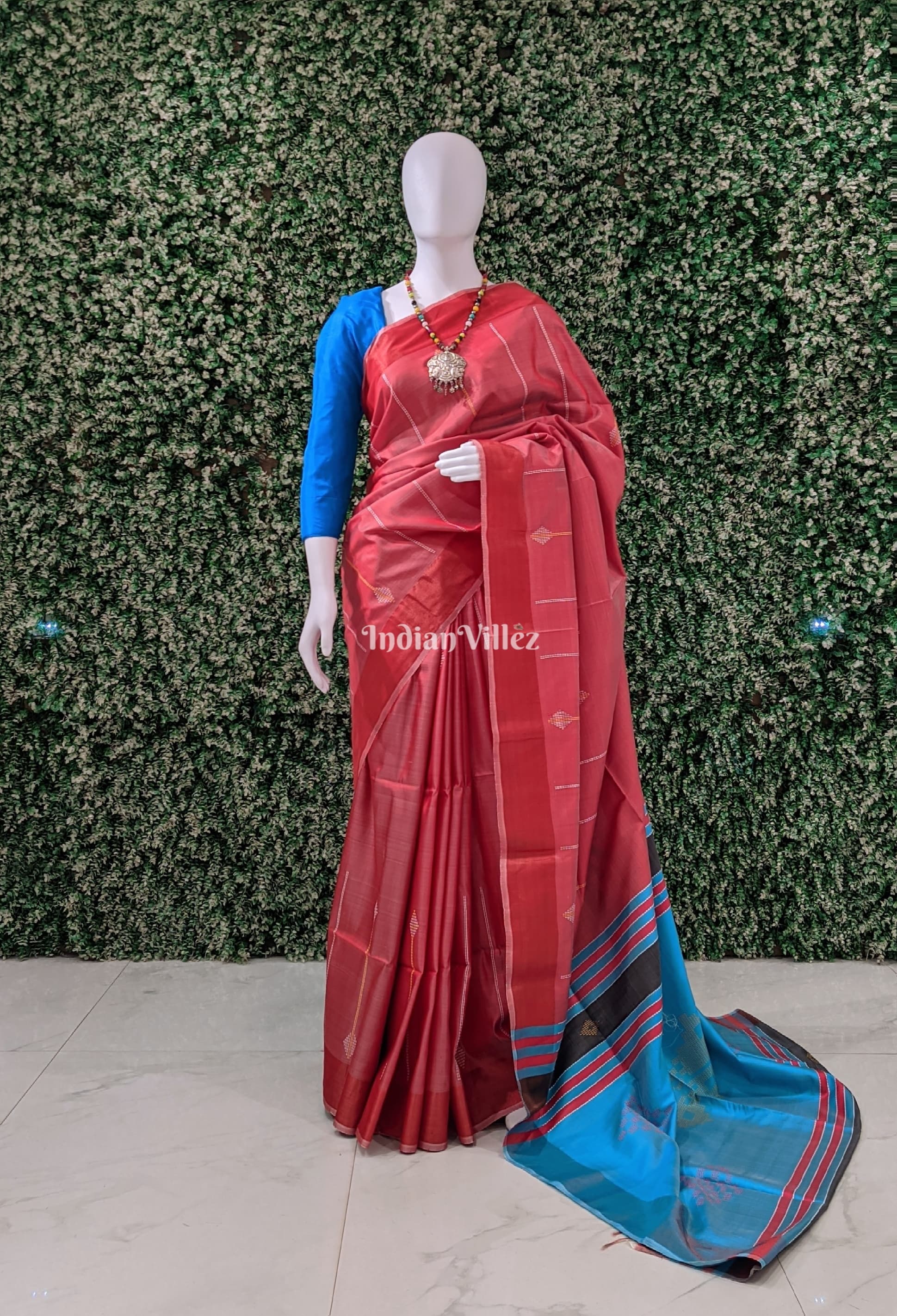 Peach with Sky Blue Handwoven Soft Silk Saree
