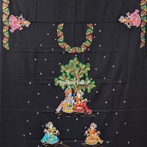 Black Radha Krisha Pattachitra Kurti Cotton Dress Material (Pre Oeder)