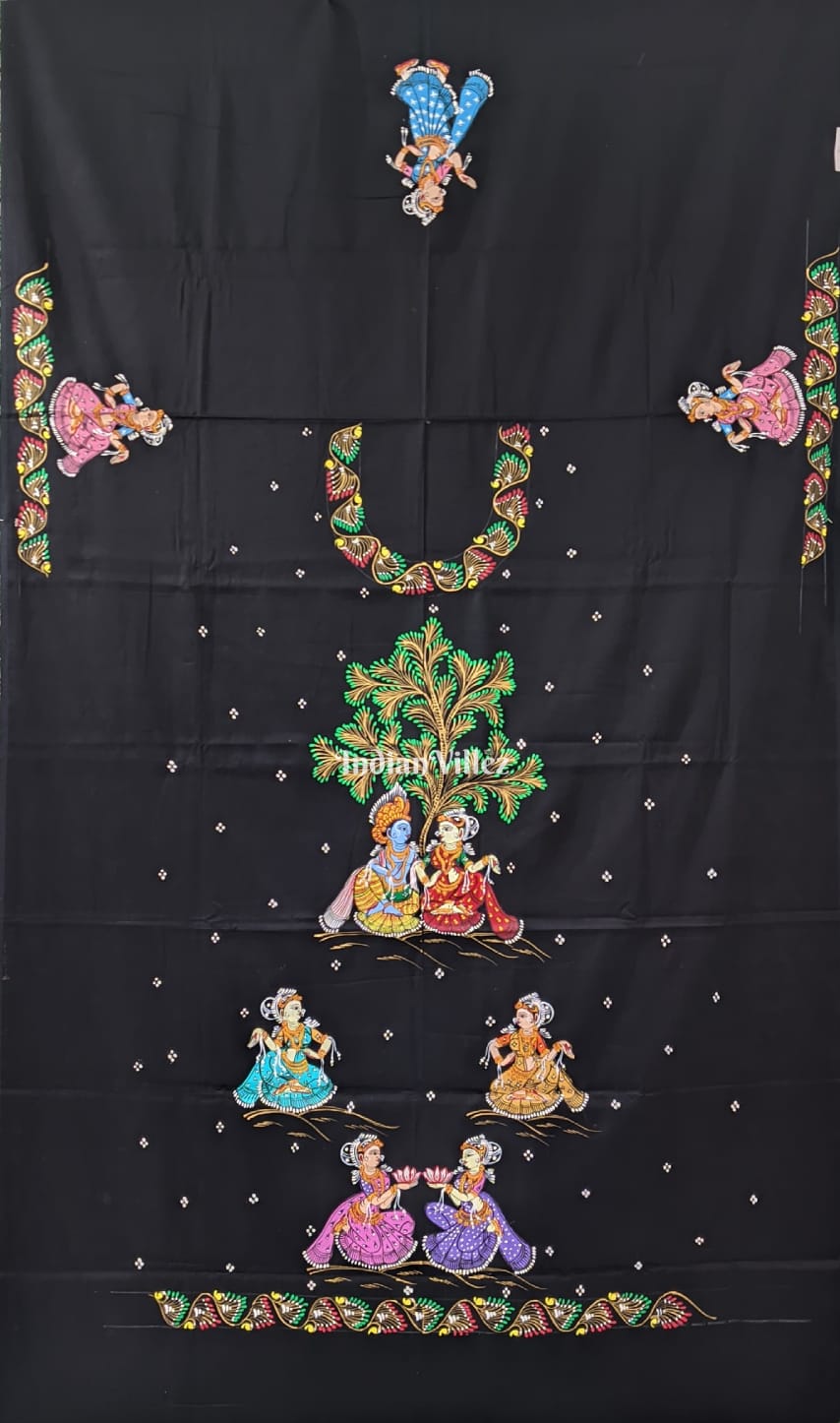 Black Radha Krisha Pattachitra Kurti Cotton Dress Material (Pre Oeder)
