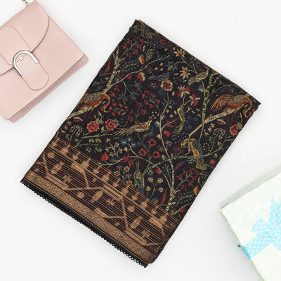 Black Handloom Tussar Silk Saree With Printed With Bird Motifs