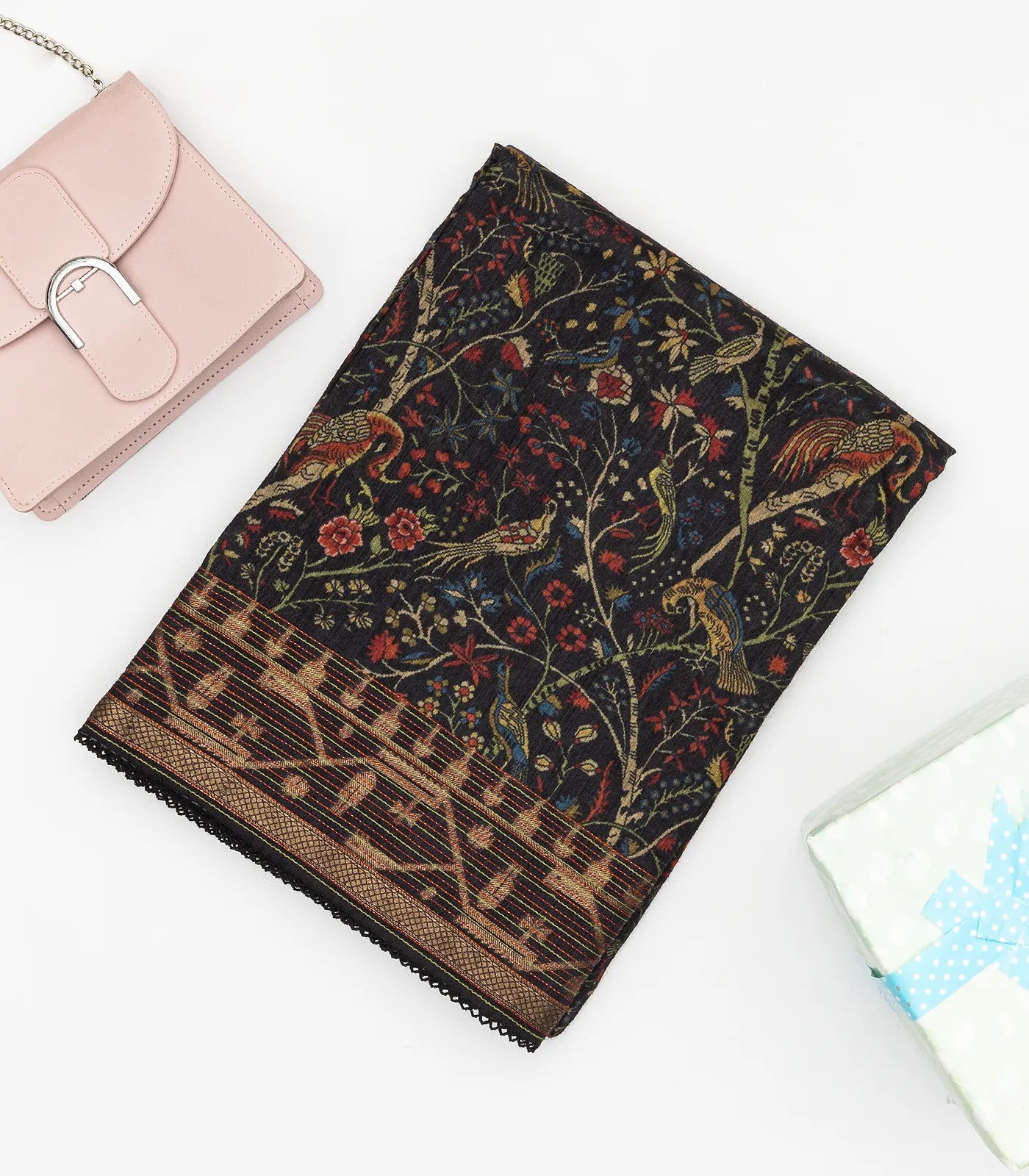 Black Handloom Tussar Silk Saree With Printed With Bird Motifs