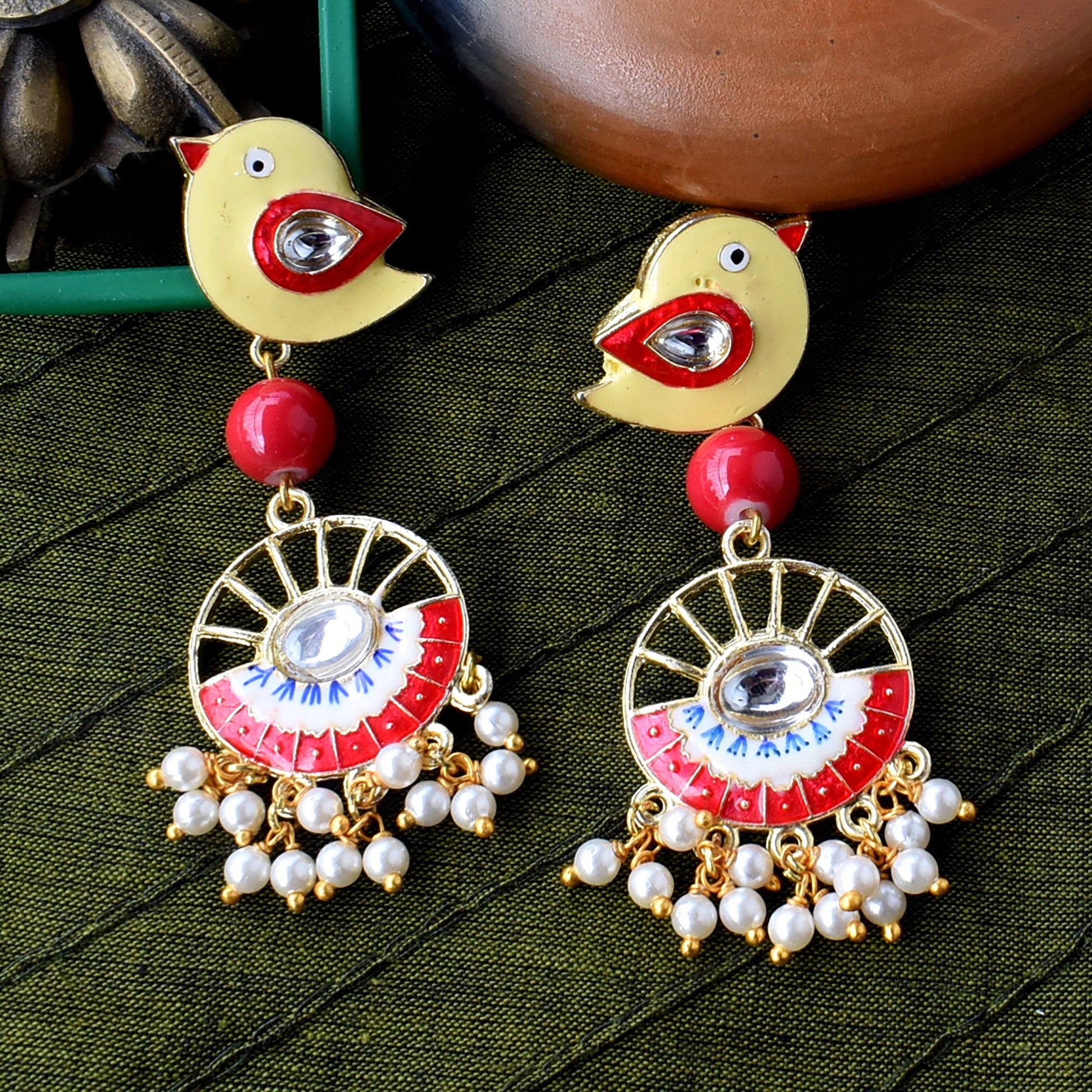 Bindurekha Yellow & Red Meenakari Birdie Stud Earrings