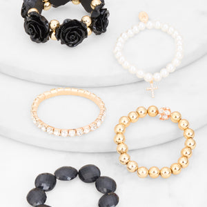 Rose Rhinestone Charm Stretch Bracelet Set of 5