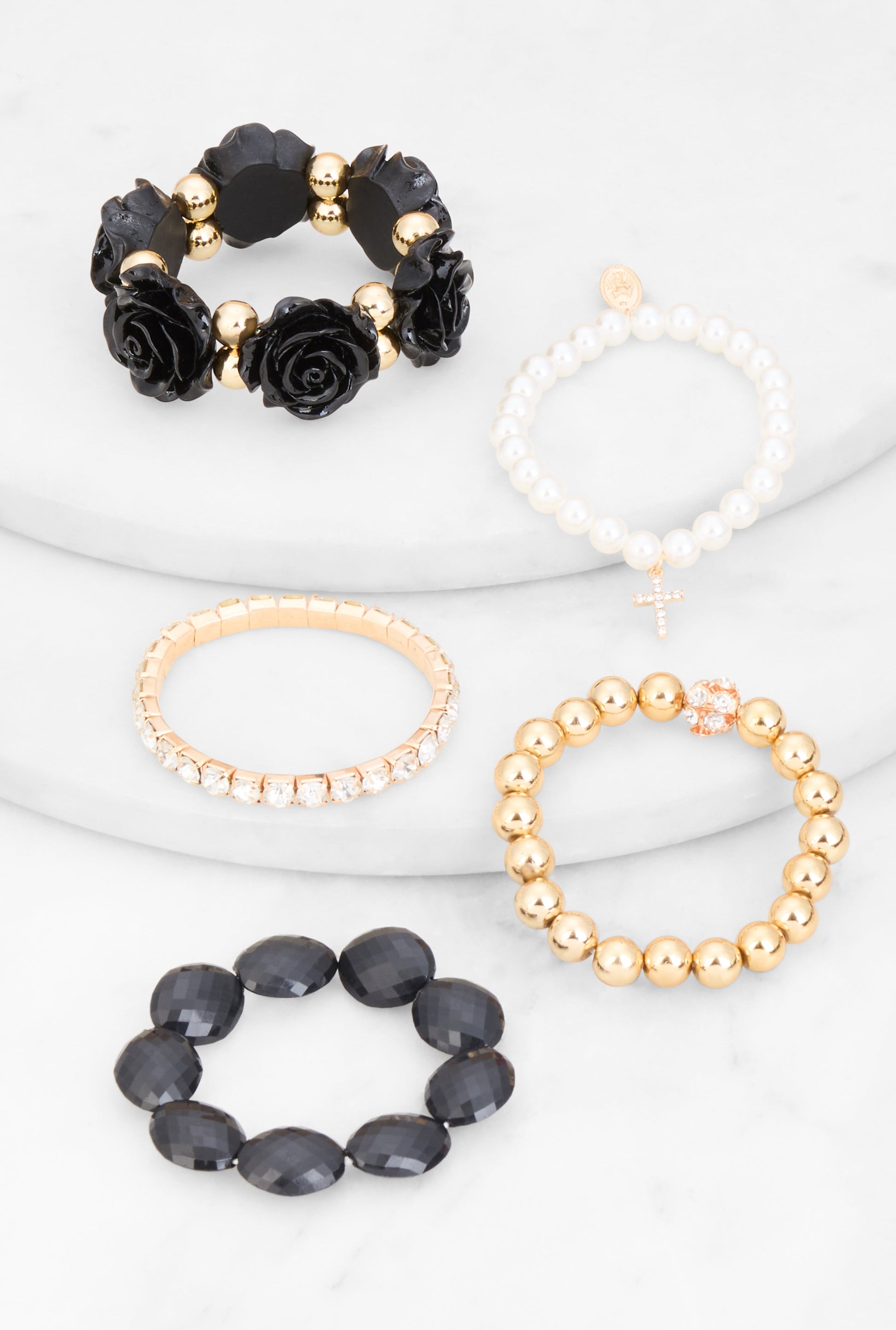 Rose Rhinestone Charm Stretch Bracelet Set of 5