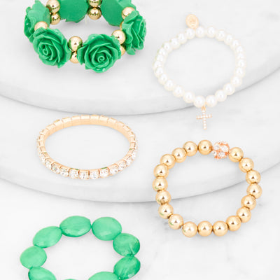 Rose Rhinestone Charm Stretch Bracelet Set of 5