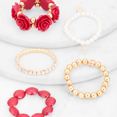 Rose Rhinestone Charm Stretch Bracelet Set of 5