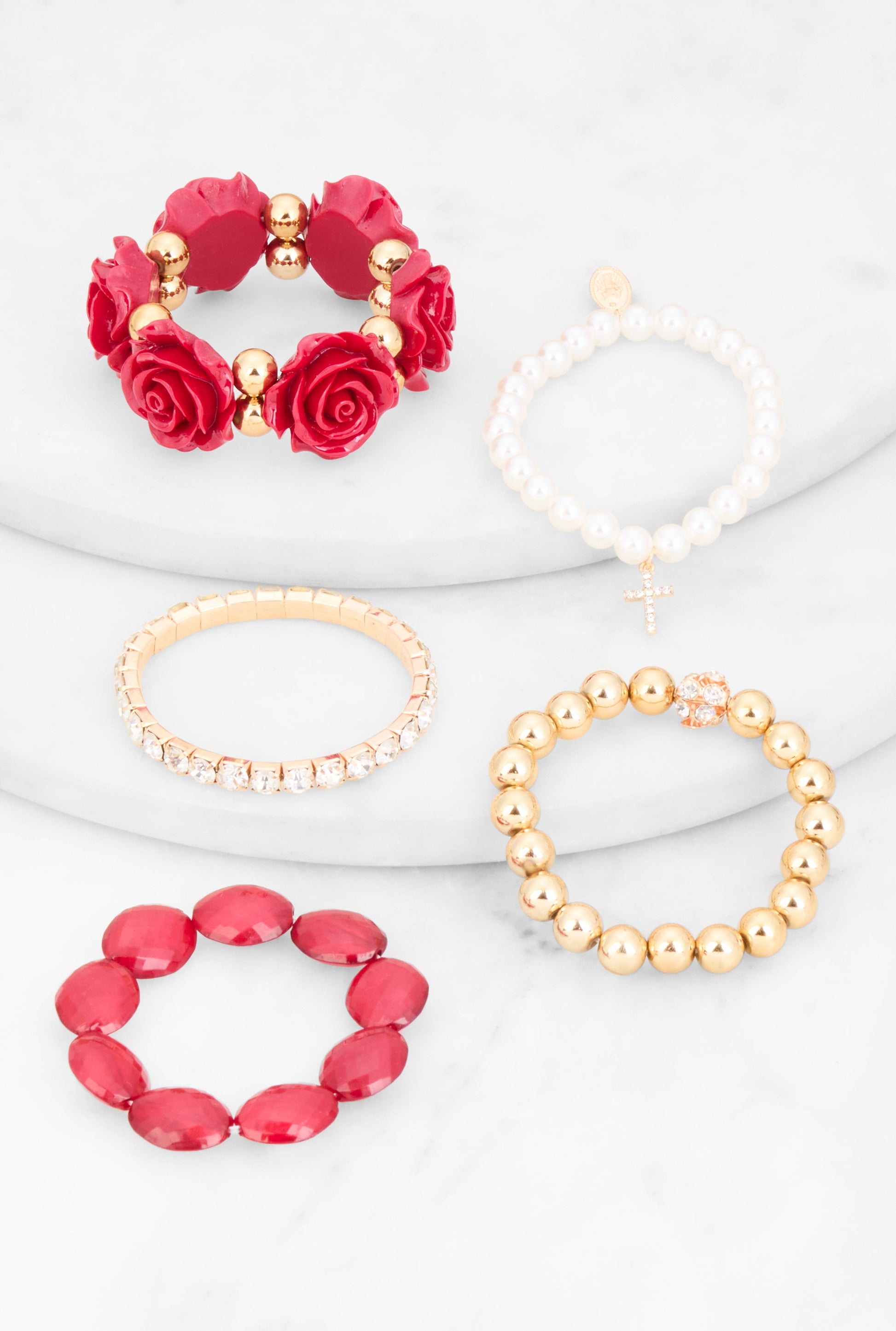 Rose Rhinestone Charm Stretch Bracelet Set of 5