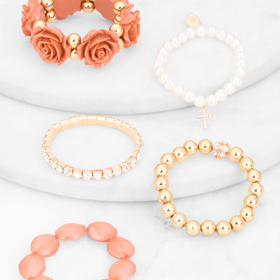 Rose Rhinestone Charm Stretch Bracelet Set of 5