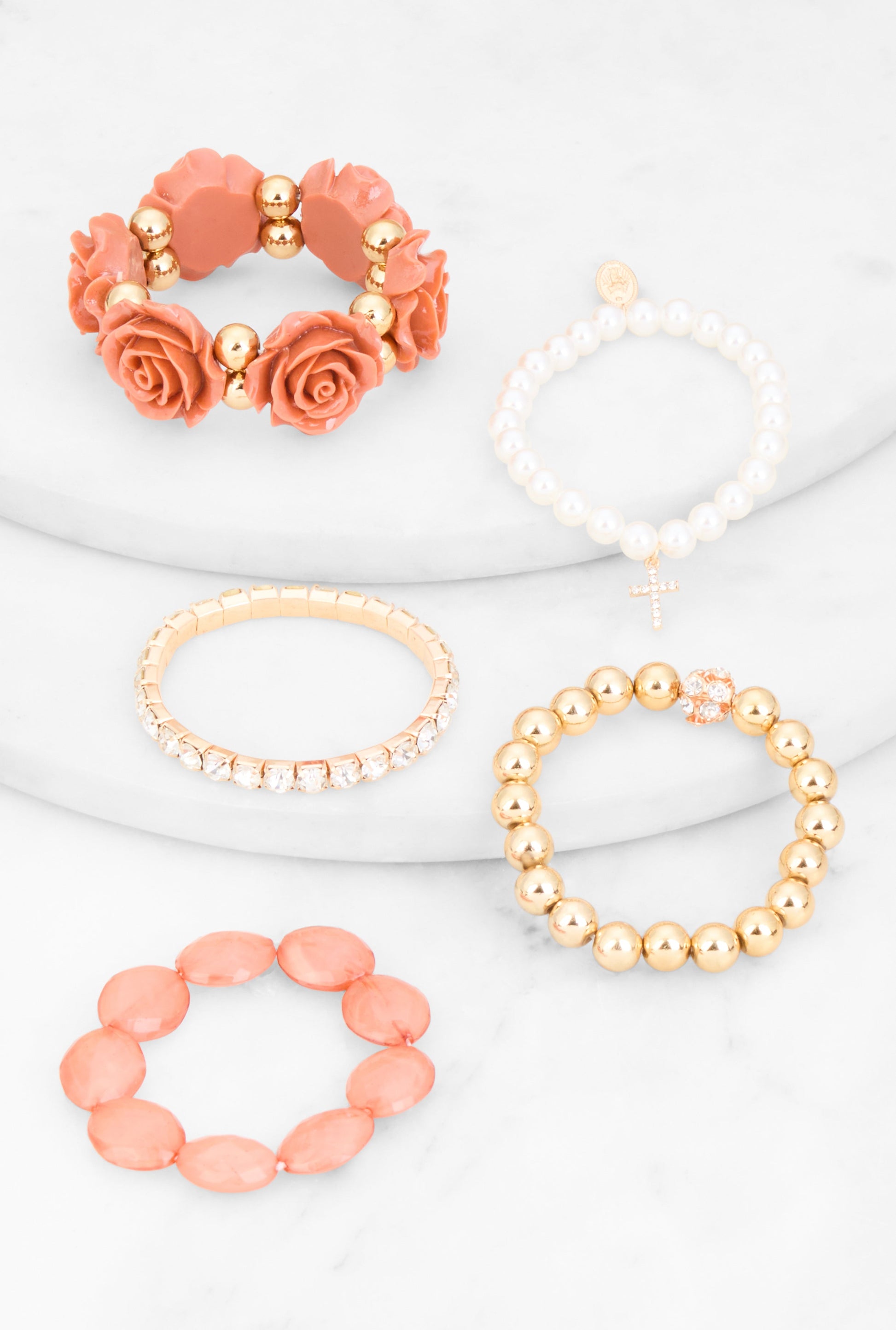 Rose Rhinestone Charm Stretch Bracelet Set of 5