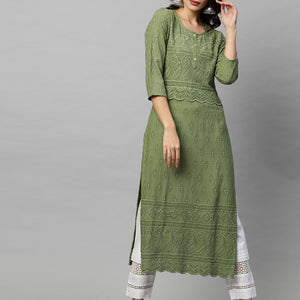 Intricate Chikankari Embroidered Straight Kurta with 2-Ply Mask - Olive Green