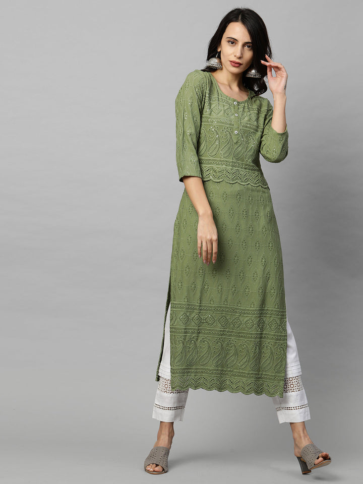 Intricate Chikankari Embroidered Straight Kurta with 2-Ply Mask - Olive Green