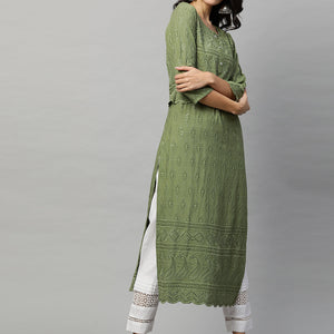 Intricate Chikankari Embroidered Straight Kurta with 2-Ply Mask - Olive Green