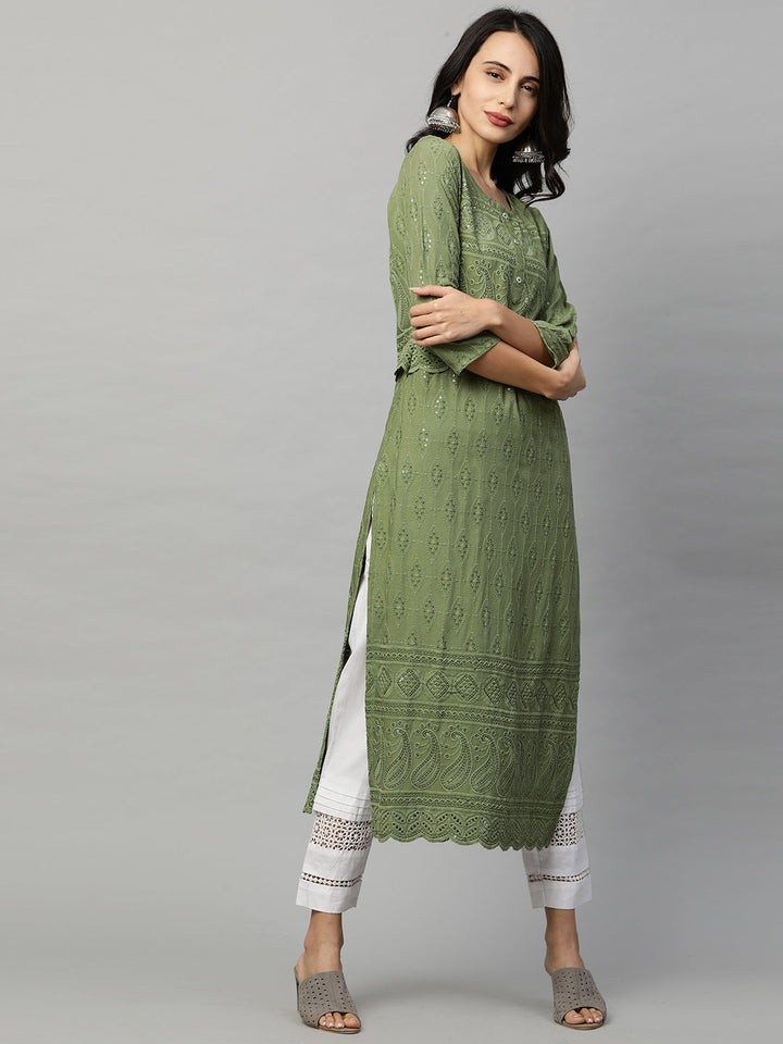 Intricate Chikankari Embroidered Straight Kurta with 2-Ply Mask - Olive Green