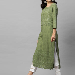 Intricate Chikankari Embroidered Straight Kurta with 2-Ply Mask - Olive Green