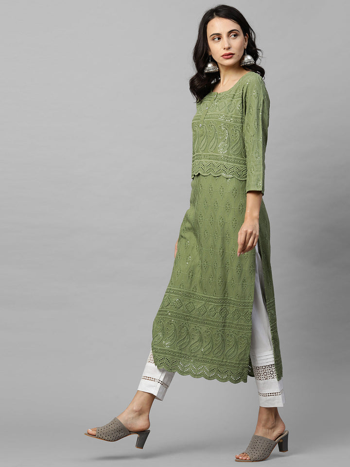 Intricate Chikankari Embroidered Straight Kurta with 2-Ply Mask - Olive Green